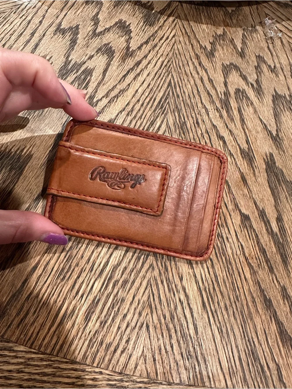 Rawlings Leather Baseball Stitch Card Holder - Tan with Red Stitching